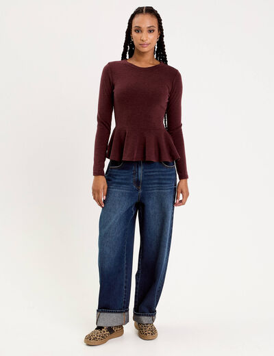 Pull ajust&eacute; court manches longues bordeaux femme