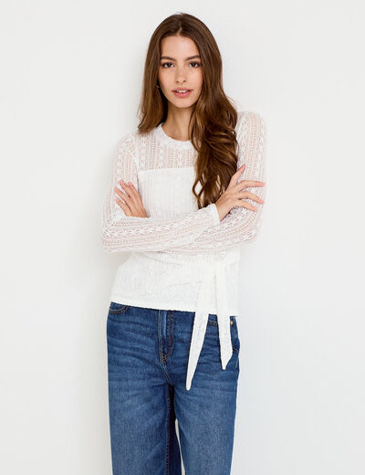Top droit manches longues dentelle ecru femme