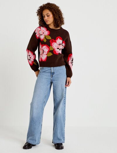 Pull ample col rond manches longues marron fonc&eacute; femme