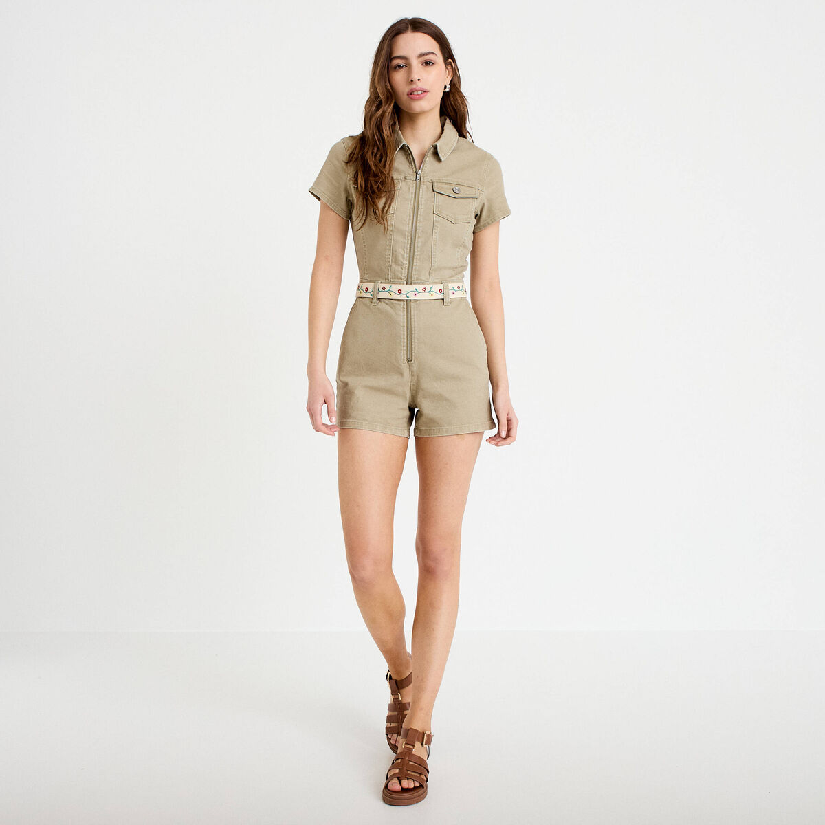 Combishort zipp&eacute;e en jean vert femme