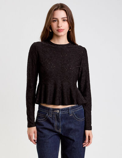 Blouse ajust&eacute;e col rond manches longues noir femme