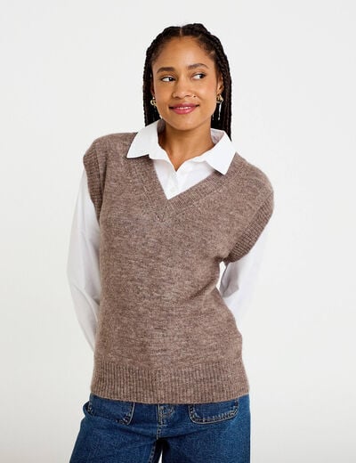 Pull chemise 2-en-1 taupe femme