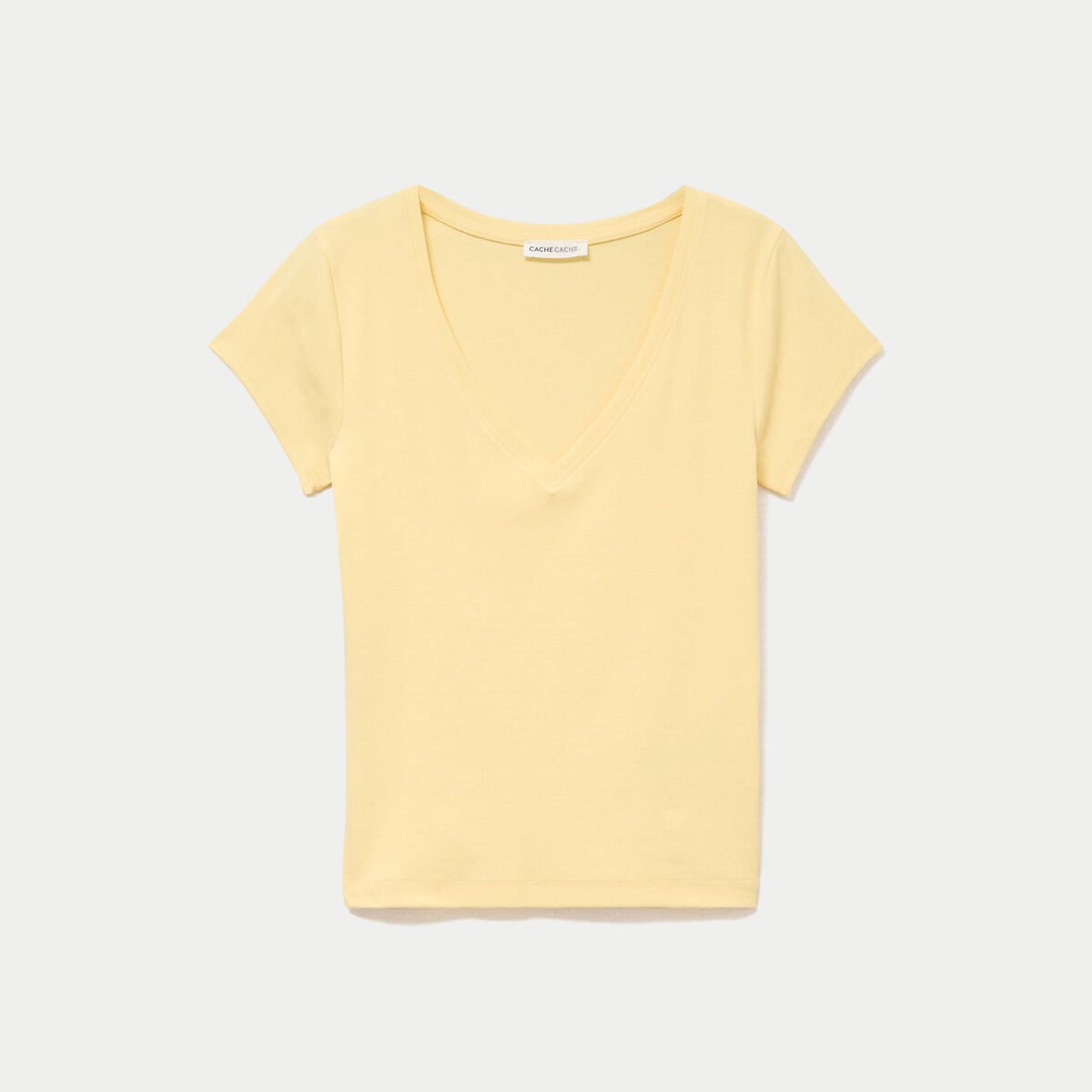 T-shirt ajust&eacute; col v manches courtes jaune clair femme