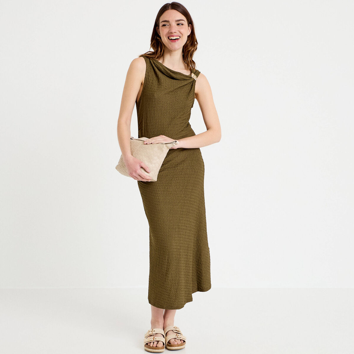 Robe midi droite sans manches en maille vert kaki femme