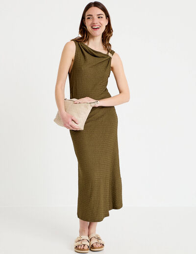 Robe midi droite sans manches en maille vert kaki femme