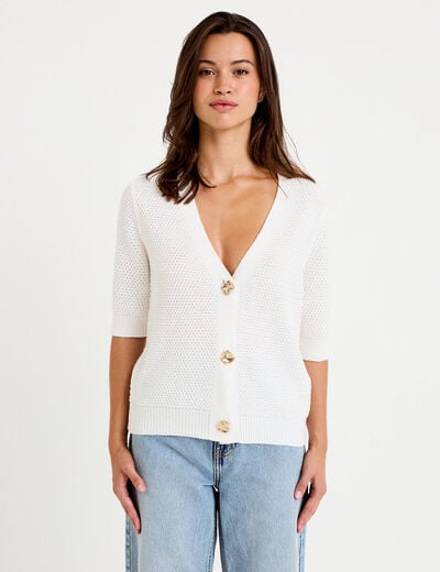 Gilet col v manches courtes ecru femme