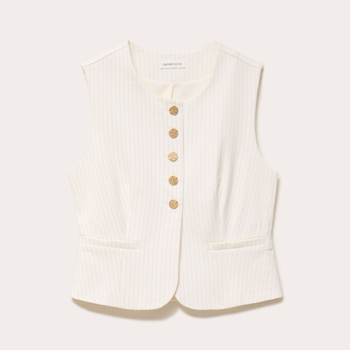 Gilet ajust&eacute; sans manches col rond ecru femme