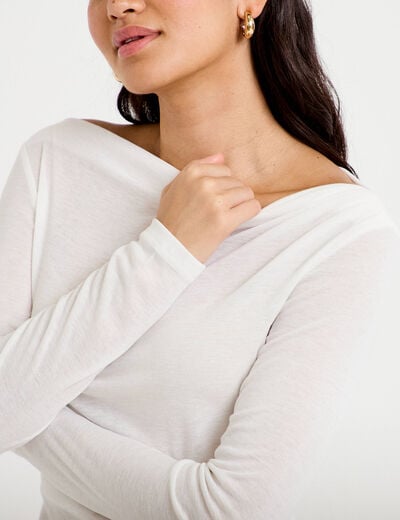 T-shirt col b&eacute;nitier manches longues ecru femme
