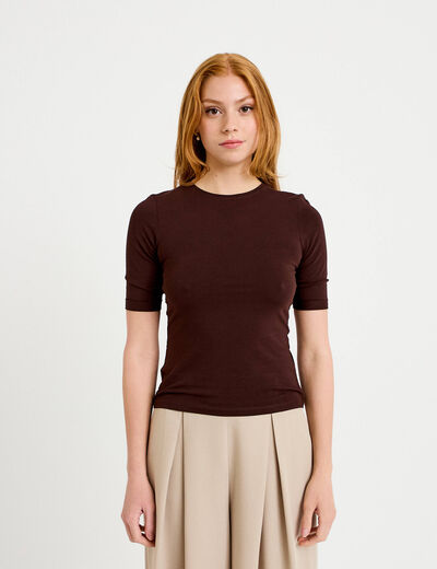 T-shirt ajust&eacute; col rond manches courtes marron fonc&eacute; femme