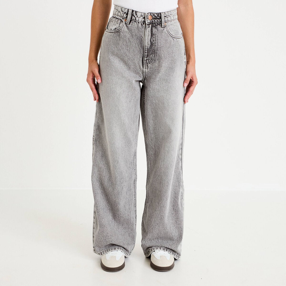 Jean wide leg taille haute Petite denim gris femme