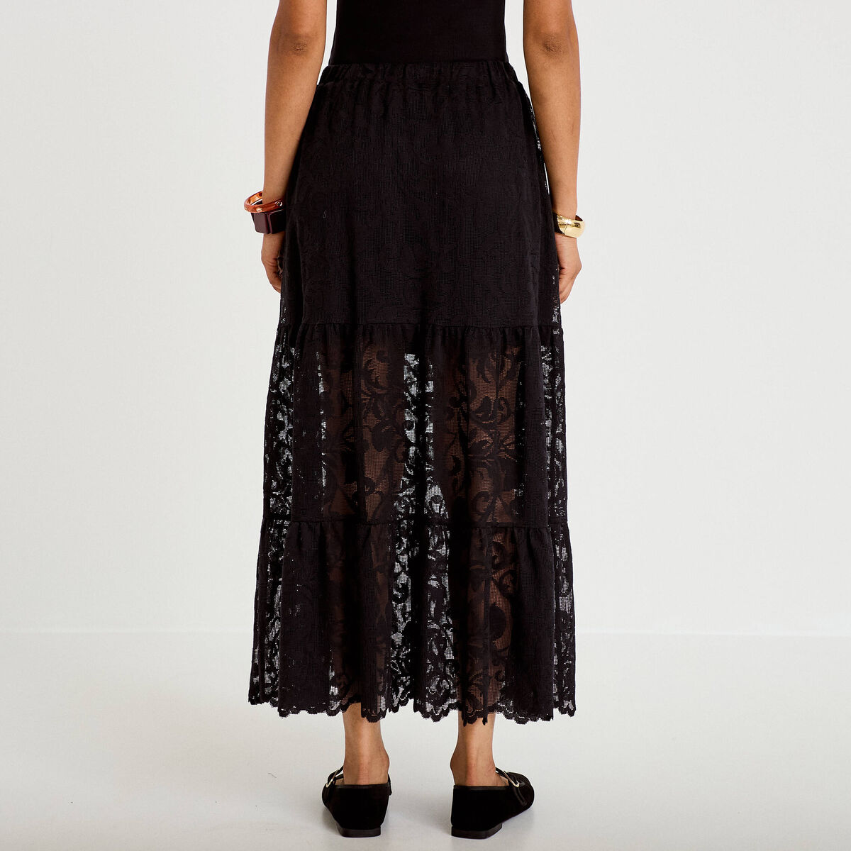 Jupe &eacute;vas&eacute;e longueur 3/4 dentelle noir femme