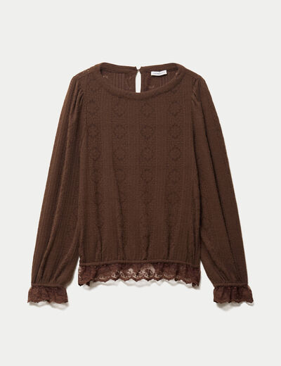 Top droit manches longues col montant marron fonc&eacute; femme