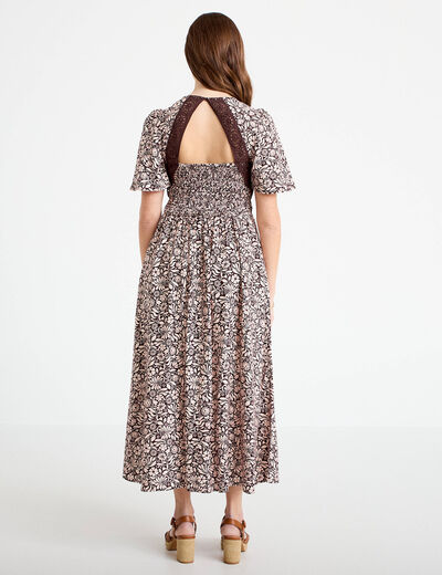 Robe longue &eacute;vas&eacute;e col v manches courtes marron femme