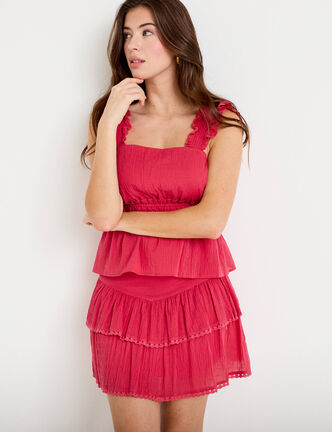 Jupe courte &eacute;vas&eacute;e rose framboise femme