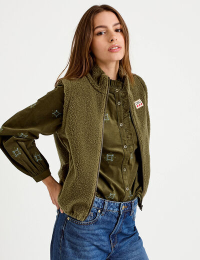 Veste sans manches col montant bouclette vert kaki femme