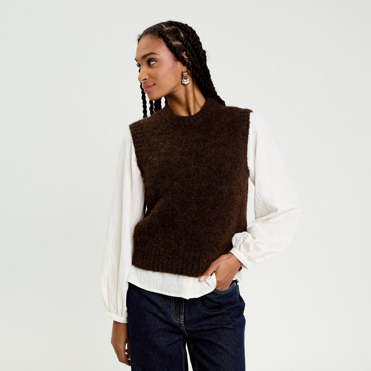 Pull sans manches marron fonc&eacute; femme