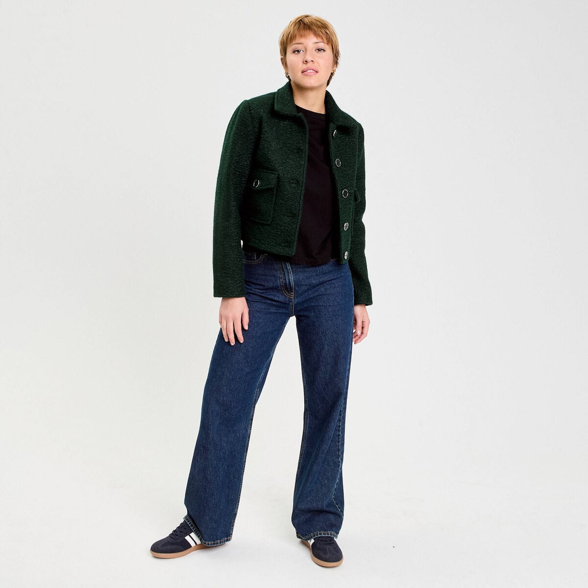 Veste bouclette boutonn&eacute;e vert fonc&eacute; femme