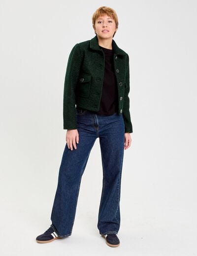 Veste bouclette boutonn&eacute;e vert fonc&eacute; femme