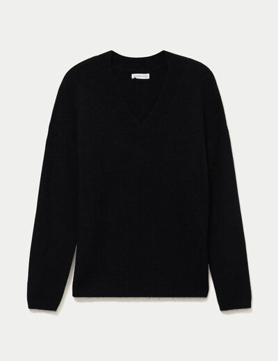 Pull col v manches longues noir femme