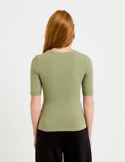 T-shirt ajust&eacute; col rond manches courtes vert kaki femme