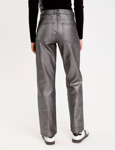 Pantalon droit enduit gris argent femme