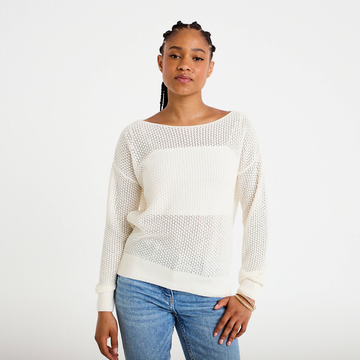 Pull ample ajour&eacute; manches longues ecru femme