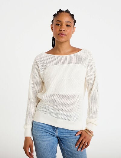 Pull ample ajour&eacute; manches longues ecru femme