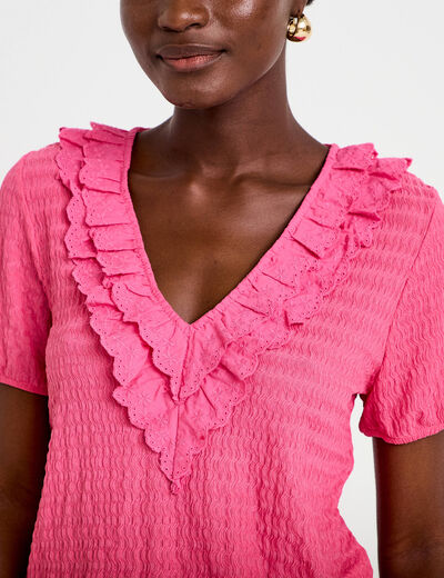 Blouse pliss&eacute;e col v manches courtes rose fushia femme