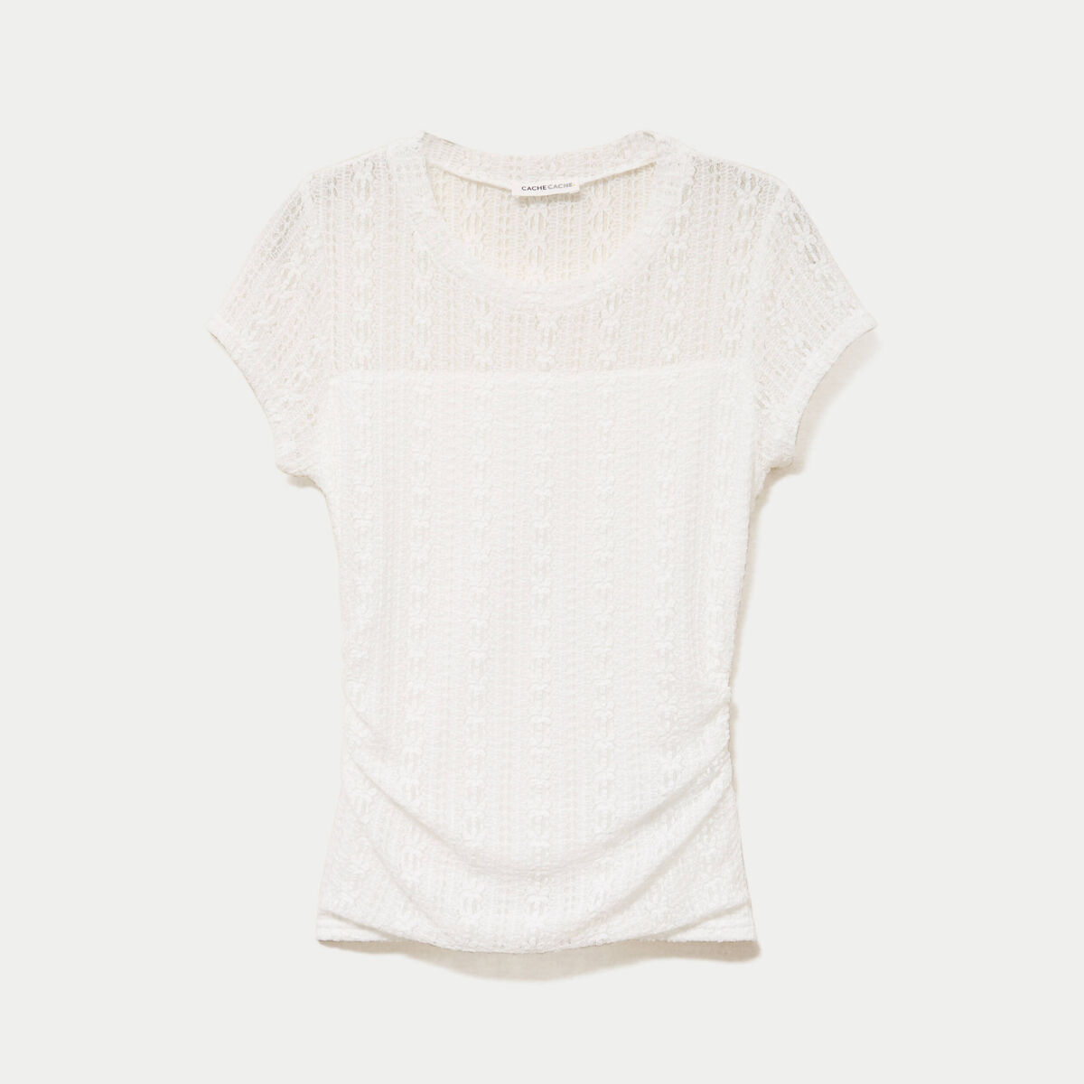 Top en dentelle col rond manches courtes ecru femme
