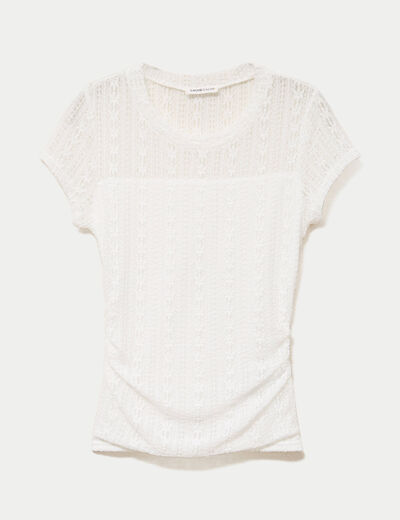 Top en dentelle col rond manches courtes ecru femme