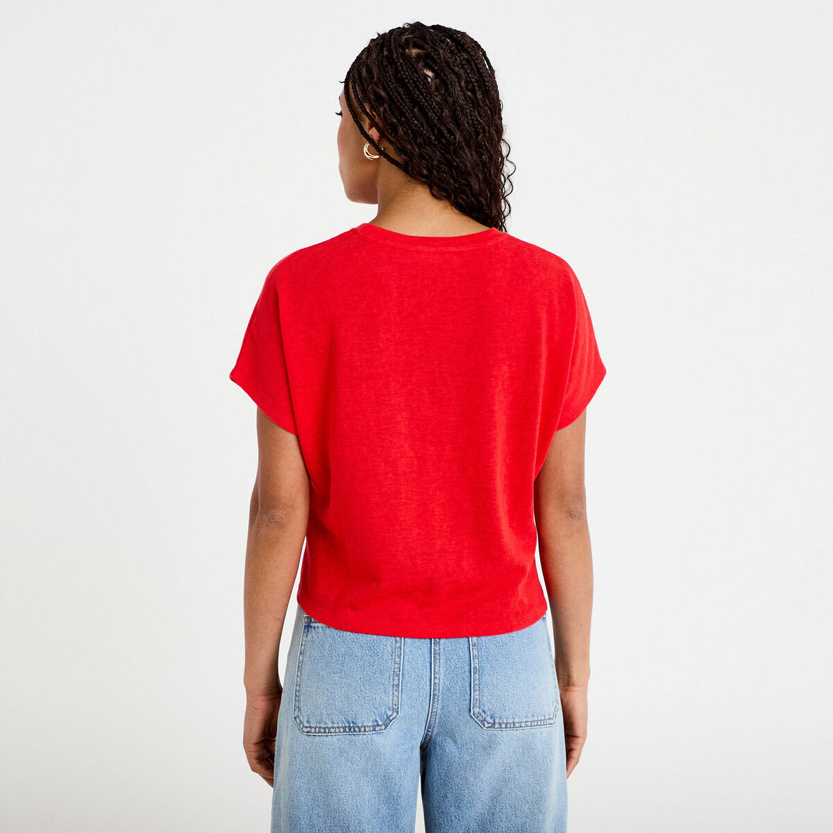 T-shirt col rond manches courtes noeuds rouge femme