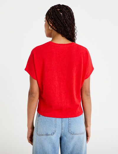 T-shirt col rond manches courtes noeuds rouge femme