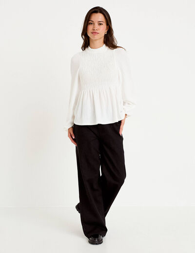 Blouse p&eacute;plum manches longues pliss&eacute;e ecru femme
