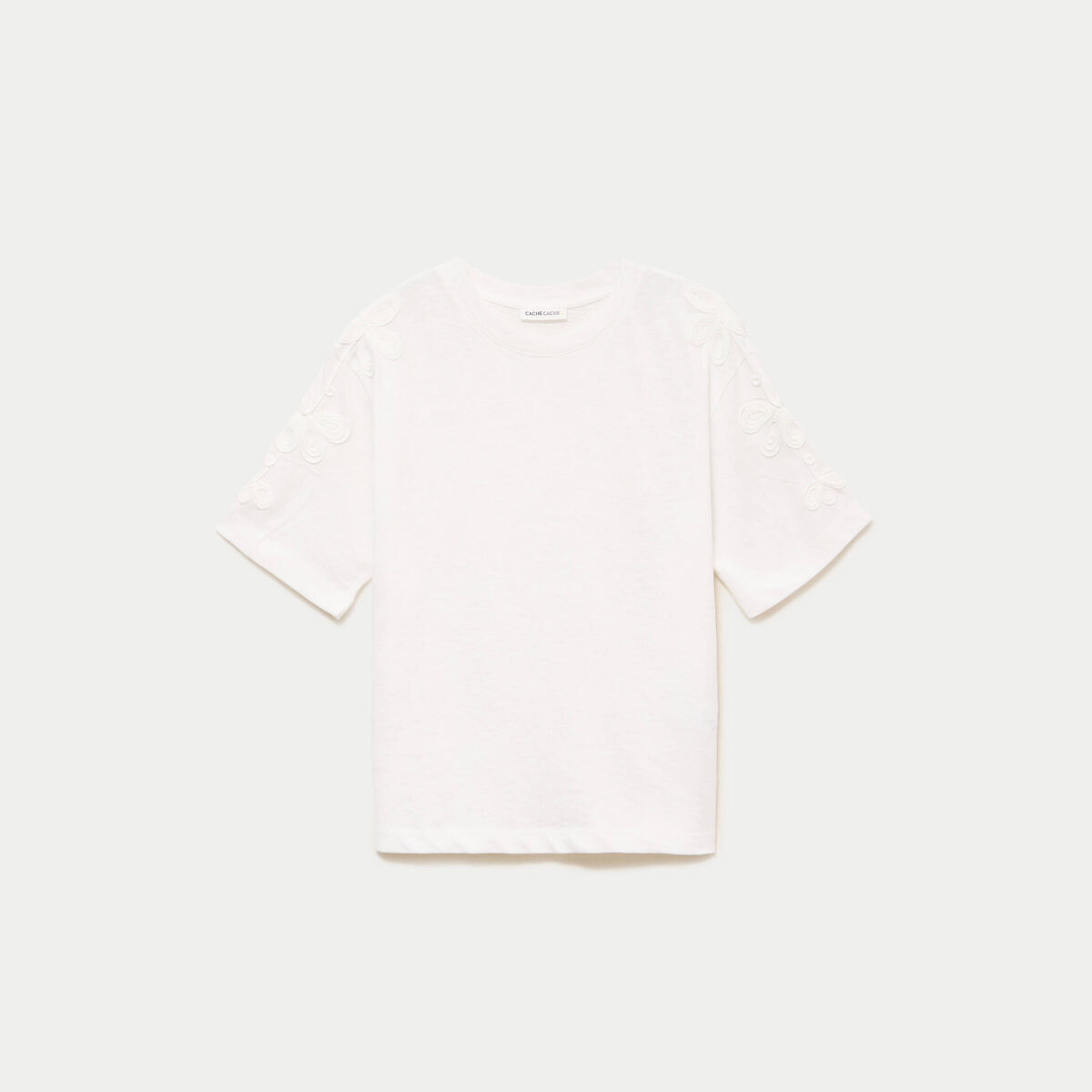 T-shirt col rond manches courtes brod&eacute; ecru femme