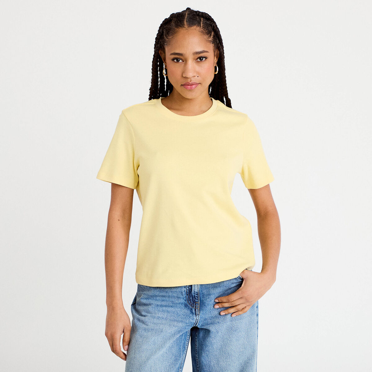 T-shirt col rond manches courtes jaune pastel femme