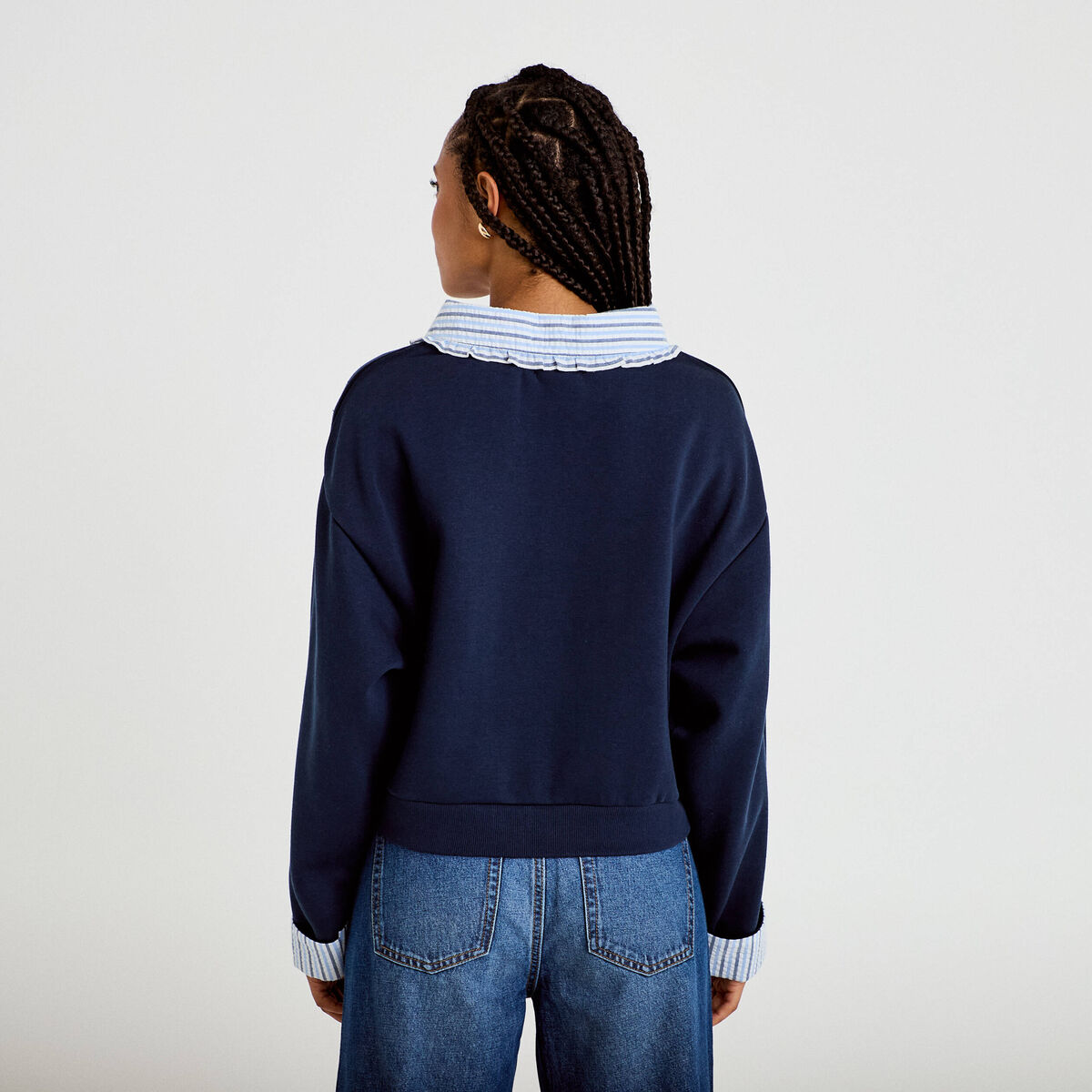 Sweat col chemise manches longues bleu marine femme