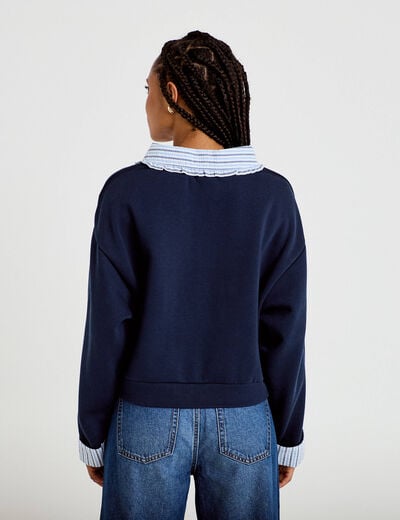 Sweat col chemise manches longues bleu marine femme
