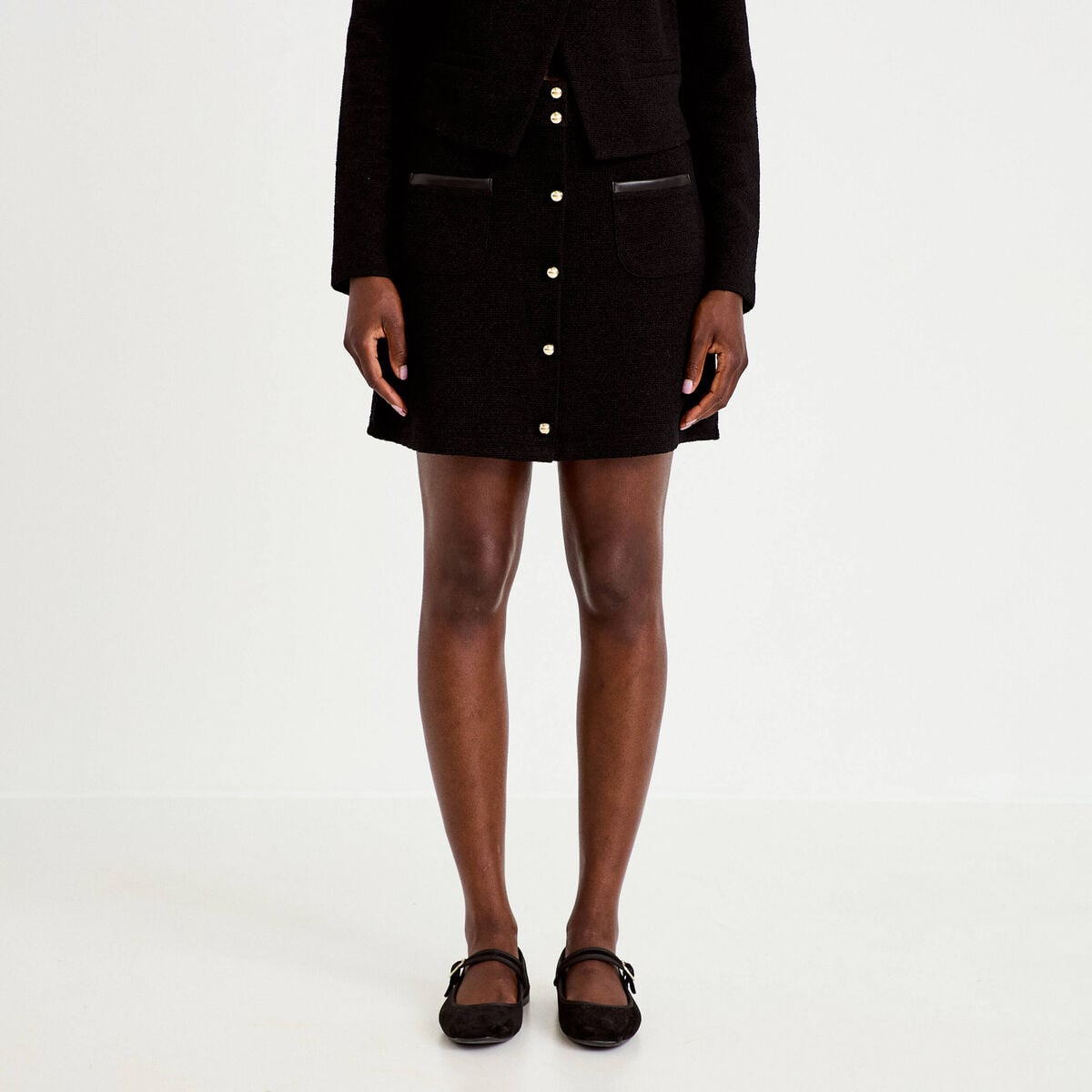 Jupe-short trap&egrave;ze en maille noir femme