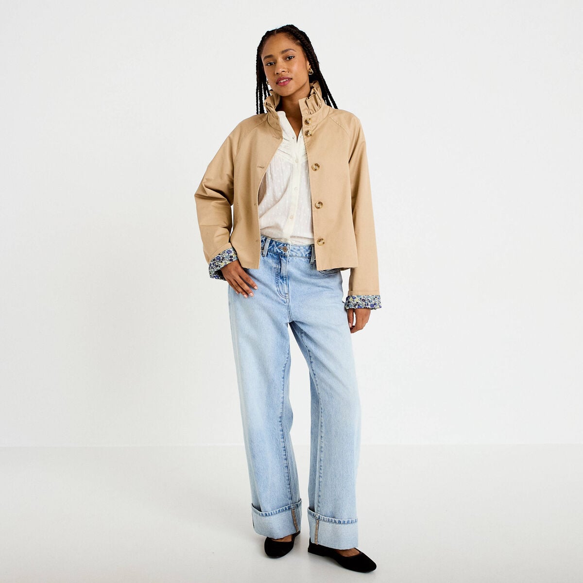 Veste droite col montant manches longues beige femme