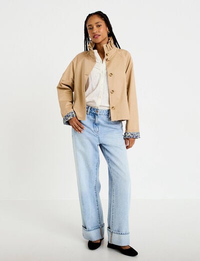 Veste droite col montant manches longues beige femme