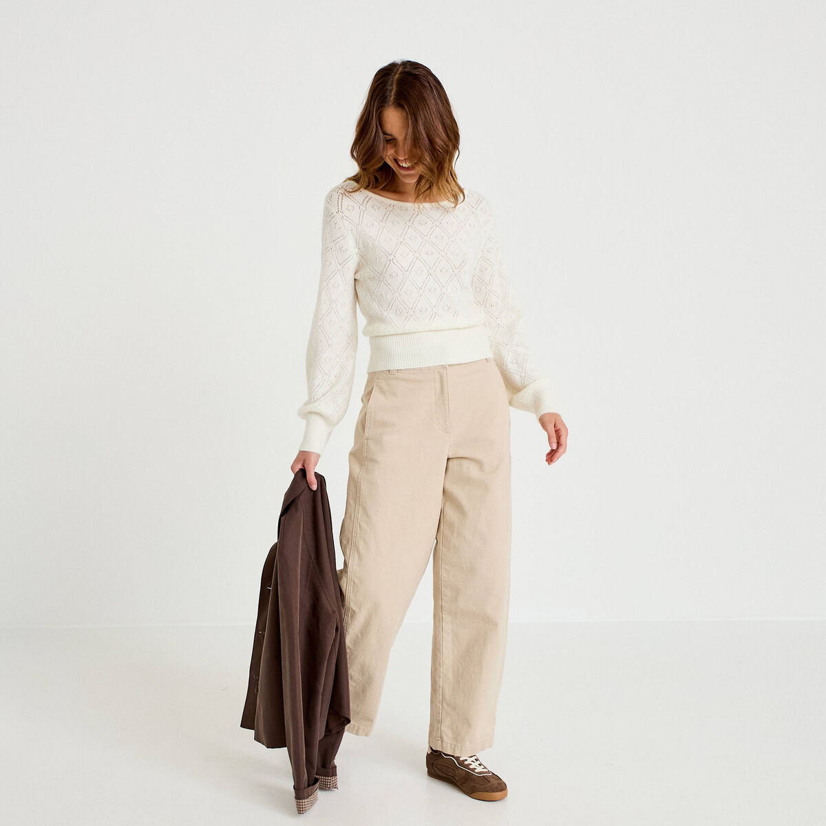 Pull ajour&eacute; col bateau manches longues ecru femme