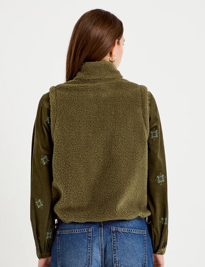 Veste sans manches col montant bouclette vert kaki femme
