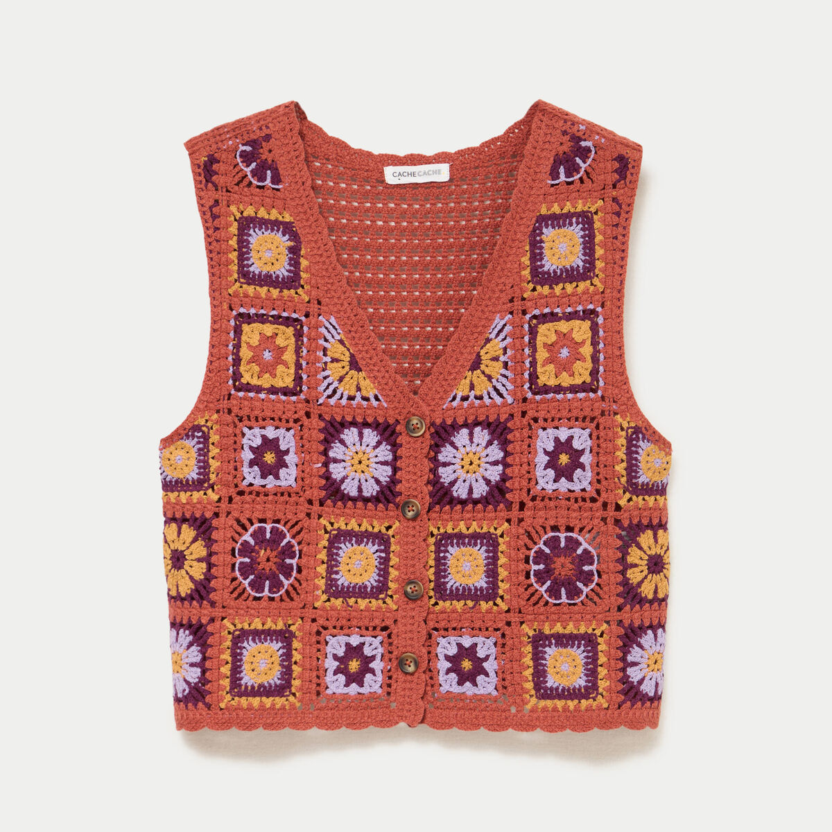 Gilet sans manches macram&eacute; vieux rose femme