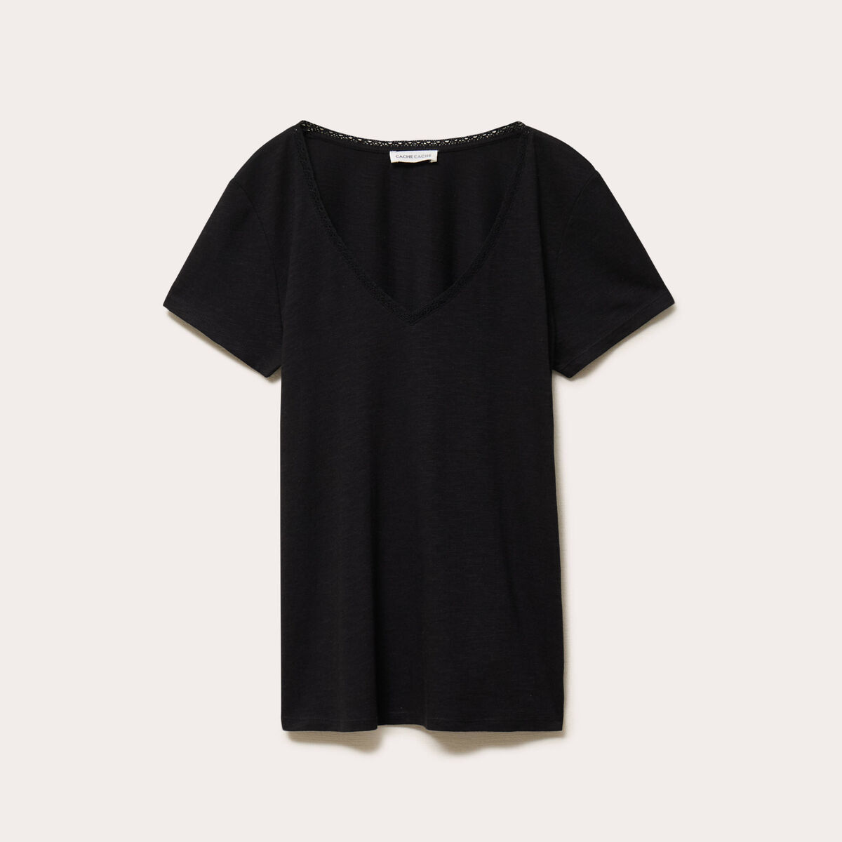 T-shirt col v manches courtes noir femme