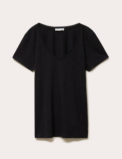 T-shirt col v manches courtes noir femme