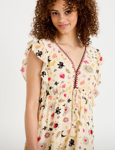 Robe courte &eacute;vas&eacute;e col v manches courtes blanc femme