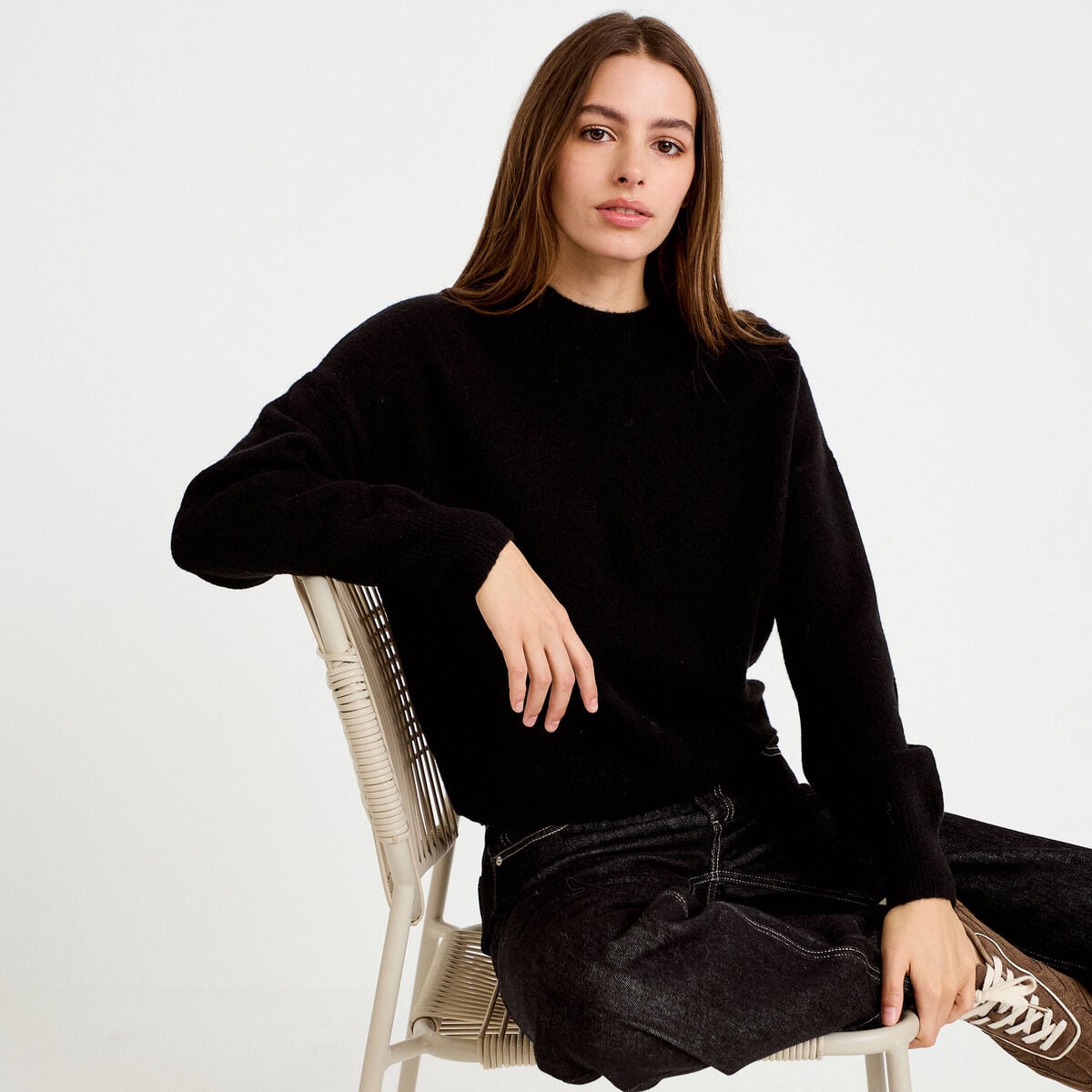Pull col rond noir femme