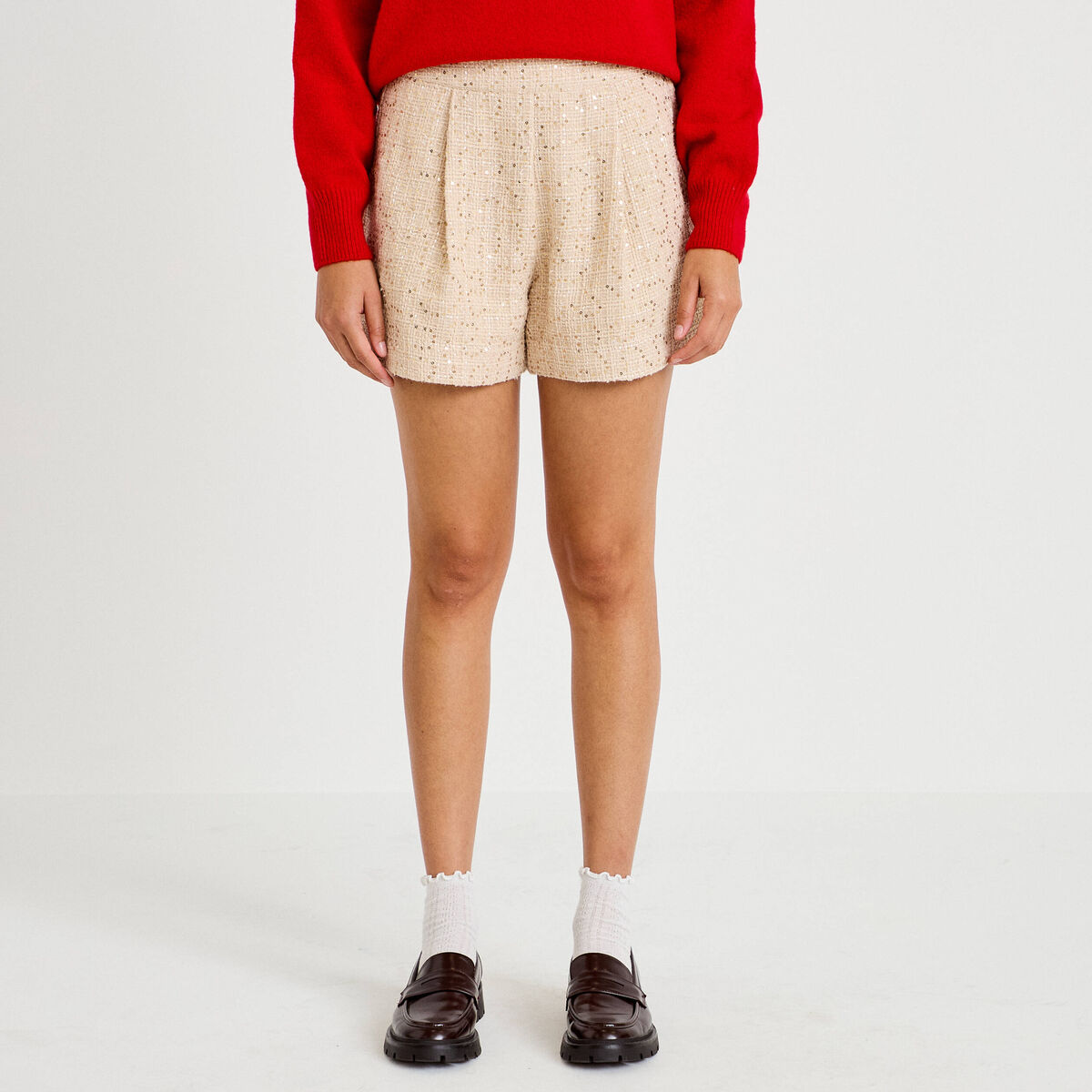 Short large taille haute en tweed ivoire femme