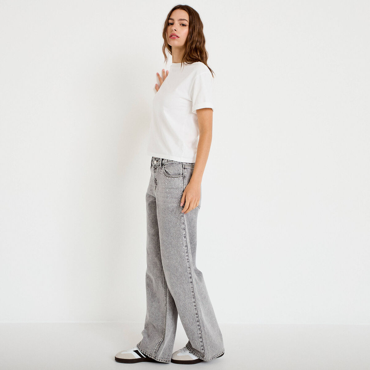 Jean wide leg taille basse strass denim gris femme