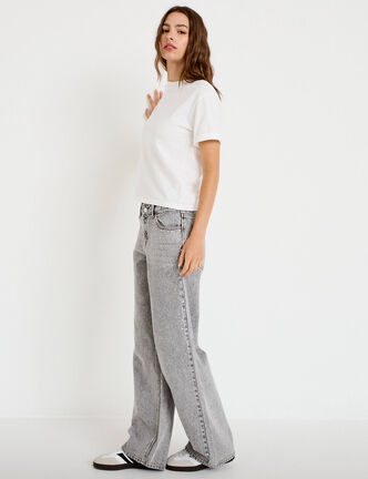 Jean wide leg taille basse strass denim gris femme